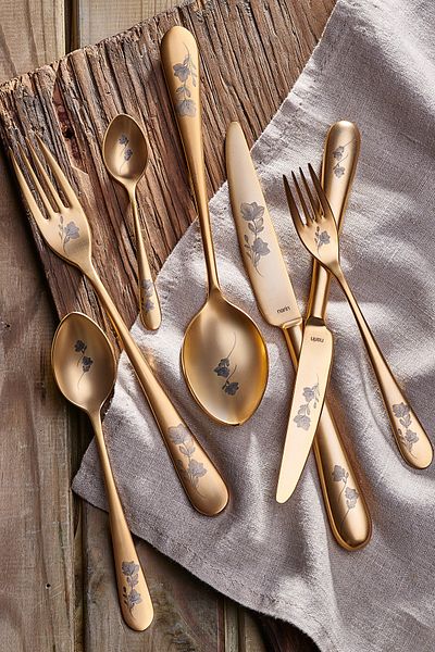 Narin Epsilon Series - Complete Matte Gold Floral - 36 Piece Cutlery Set