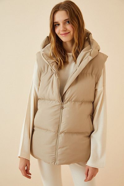 GALAVİP Women's Cream Hooded Oversize Puffer Vest