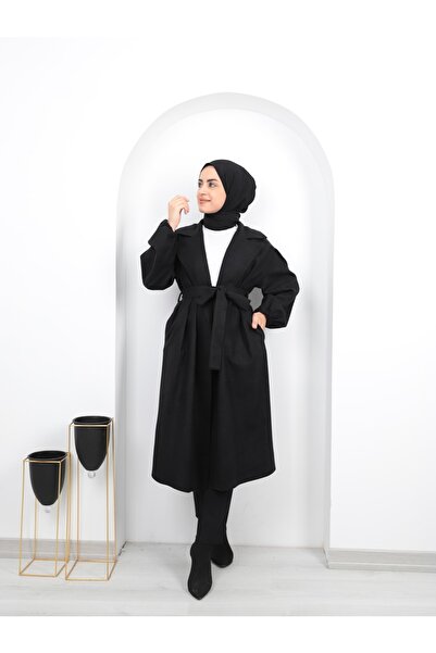 Aranlı tekstil Belted Women's Hijab Coat with Gathered Sleeves