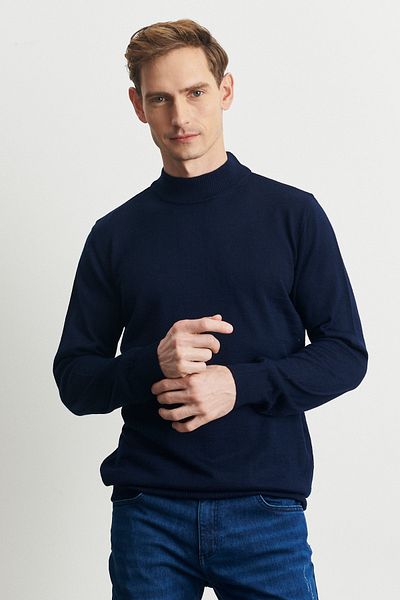 ALTINYILDIZ CLASSICS Marineblauer Wollstrickpullover mit normaler Passform und halbem Rollkragenpullover für Herren