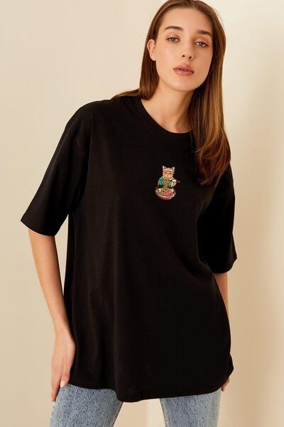 Doğannboss Tricou oversize din bumbac, cu gât crew, imprimat Black Chef Kitte...