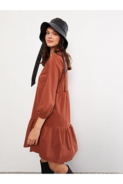 LC Waikiki LCW Vision Kahverengi Kaçık Yaka Düz Poplin Kadın Gömlek Elbise