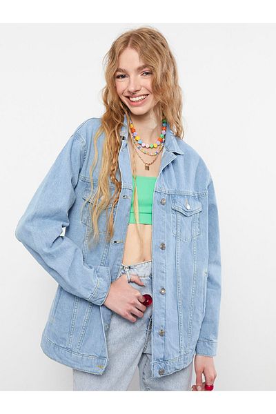LC Waikiki Women's Jean Jacket - Shirt Collar, Solid, Long Sleeve