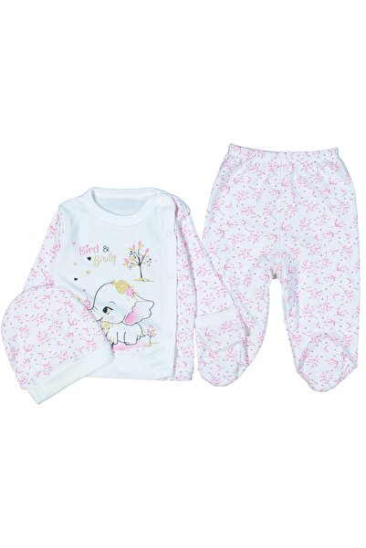 rakun Baby Sevimli Fil Şapkalı 3 Parça Ekru/pembe Renk Bebek Takım218255