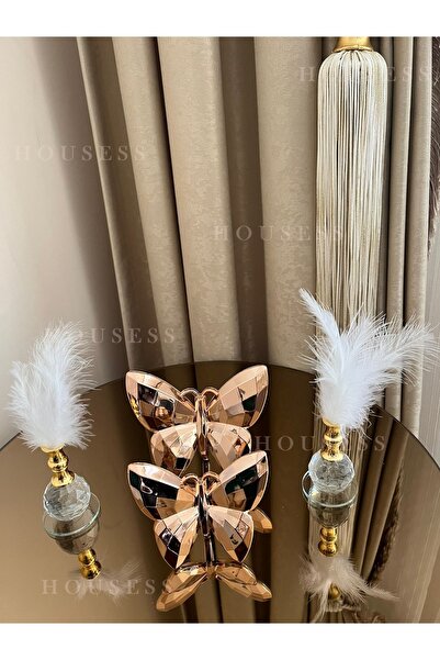 Housess Dekoratif Rose Gold Kelebek Ve 2 Adet Gold Tüylük Biblo Süs