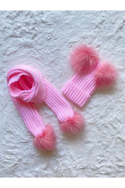 Magu Baby Girl Pink Double Pompom Scarf and Beanie Set