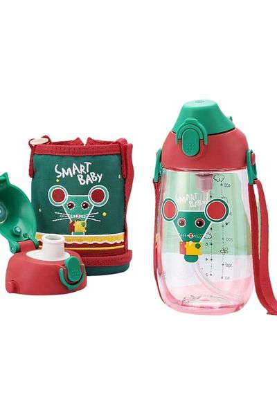 Uzspace Small Size 480ml Tritan Children's Water Bottle with Case, Hanger, With/Without Straw, Two Separate Lids