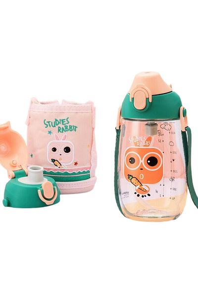 Uzspace Small Size 480ml Tritan Children's Water Bottle with Case, Hanger, With/Without Straw, Two Separate Lids