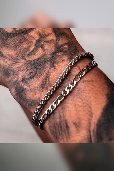 The Collection 2-Piece Angelus And Figaro Chain Tarnish Resistant Unisex Silver Steel Bracelet