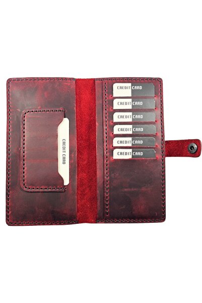 Parscraft Handmade Unisex Real Leather Long Phone Wallet Crazy (Tumbled) Red