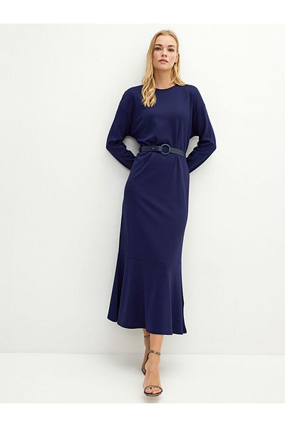 LC Waikiki Langärmliges A-Linien-Damenkleid aus Ponte-Stoff mit Rundhalsausschnitt und Gürtel