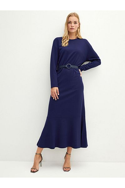 LC Waikiki Langärmliges A-Linien-Damenkleid aus Ponte-Stoff mit Rundhalsausschnitt und Gürtel