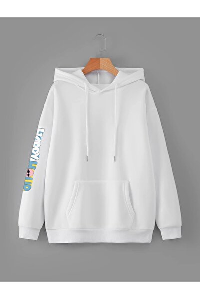 Deocept Λευκό φούτερ με στάμπα Happy Hour με κουκούλα