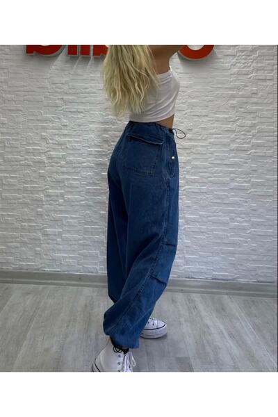 Touz Blue Tactical Parachute Fabric Rubber Leg Loose Trousers