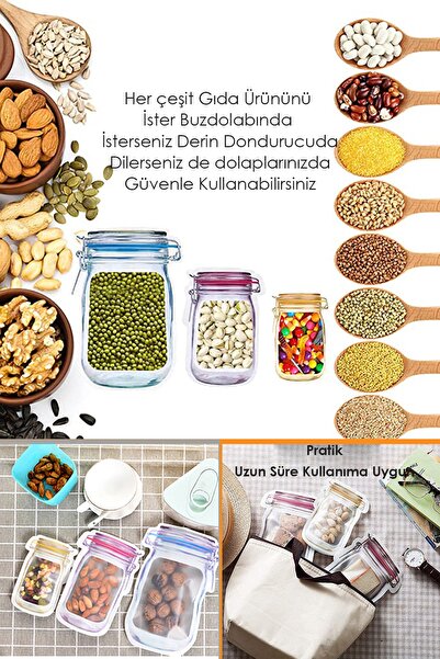 Technojet Kavanoz Görünümlü Saklama Poşeti Setleri Kilitlenebilir Çıtçıtlı Buzdolabı Saklama Kabı