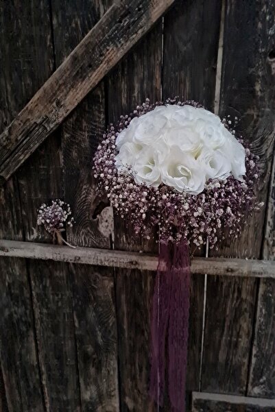 Hayalperest boncuk Gelin Buketi Mor Renk Şoklu Cipsolu Krem Gül Damat Yaka Çi...