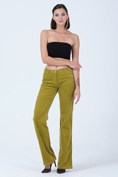 Barkaist Kadın Yeşil Normal Bel Flare Paça Fitilli Kadife Pantolon