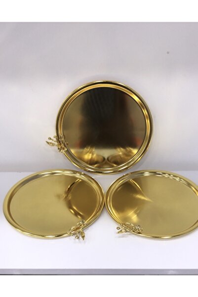Elzemm store Gold Renk Yuvarlak 3 Lü Sunum Tepsisi Japon Güllü Düz Model Lux