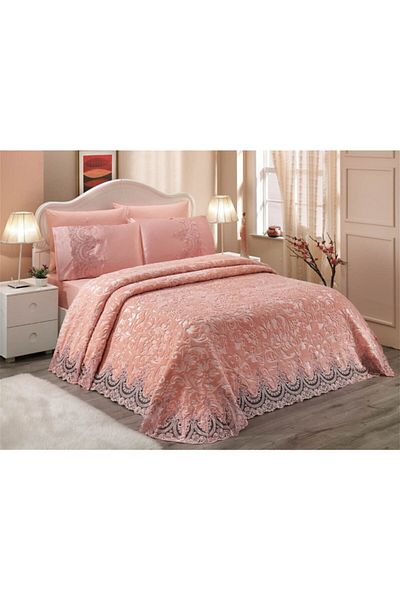 Walls Home French Lace Embroidered Jewelled Double Bedspread Powder