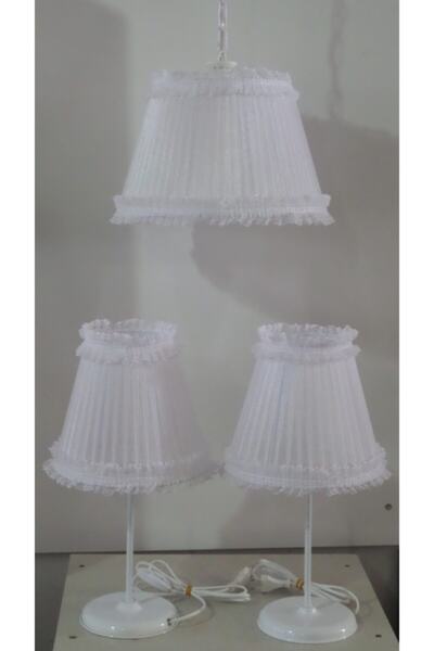 TEKAY AYDINLATMA Beyaz Fırfırlı Yatak Odası Avize Abajur Seti Lamba Sarkıt Beyaz Tül Kumaşlı