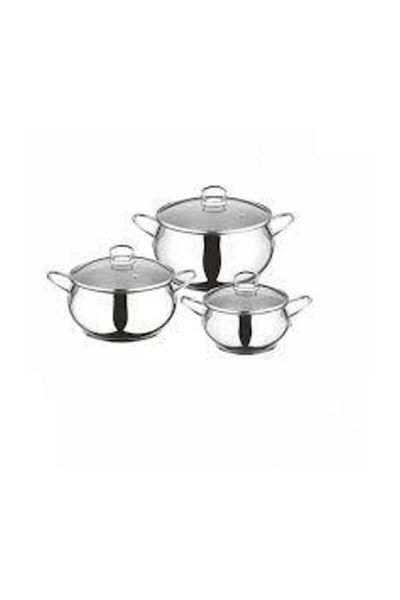CAN Sudem Damla 3-Piece Stainless Steel Glass Lid Casserole Pot Set