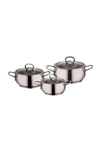 CAN Sudem Damla 3-Piece Stainless Steel Glass Lid Casserole Pot Set