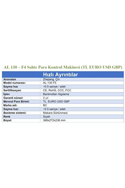 Bill Counter Al-130 F4 Sahtepara Kontrol Makinesi Tl, Usd, Euro, Gbp