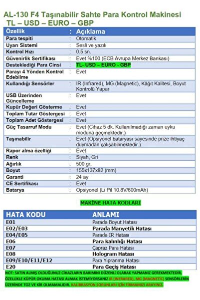 Bill Counter Al-130 F4 Sahtepara Kontrol Makinesi Tl, Usd, Euro, Gbp