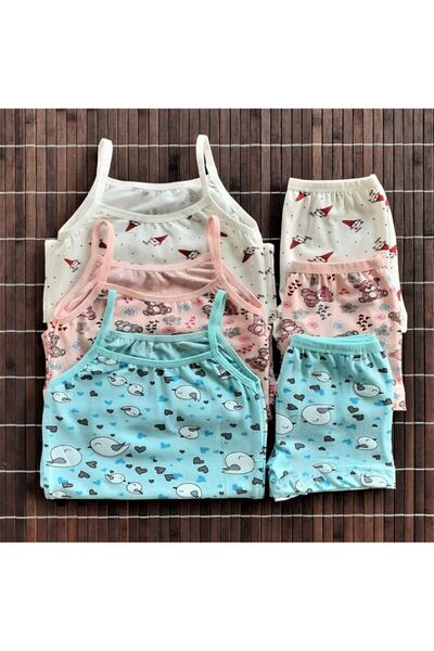 ADN Underwear 3Pcs Girls Kids Patterned Singlet Boxer Briefs Set Cotton Mint Salmon Ecru Set