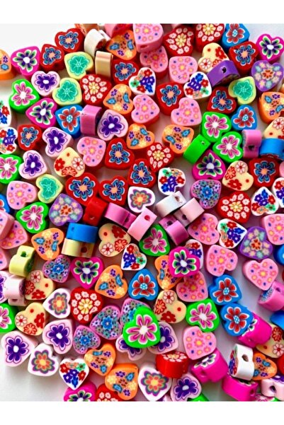 Hedef Bijuteri 10mm Polimer Kil Fimo Karışık Renkli Kalp Model Boncuk (50 Adet)