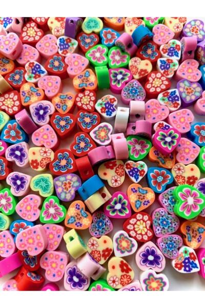 Hedef Bijuteri 10mm Polimer Kil Fimo Karışık Renkli Kalp Model Boncuk (100 Adet)