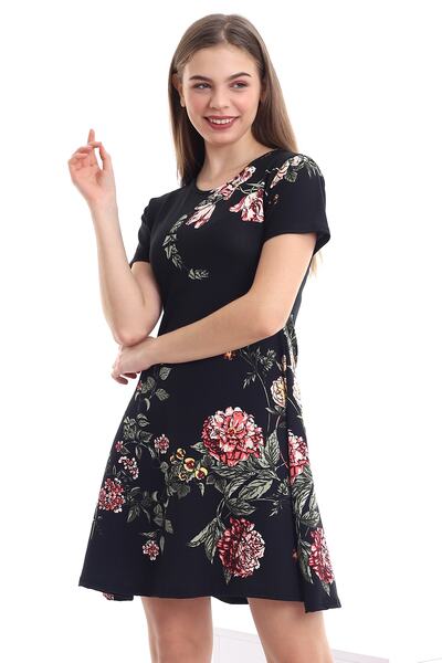 Alesia Γυναικείο κοντομάνικο φόρεμα με μαύρο φλοράλ σχέδιο