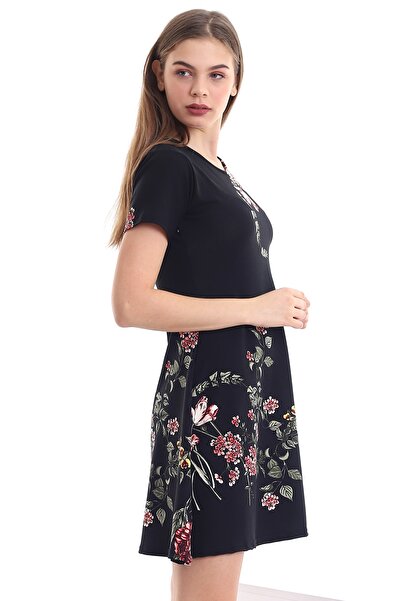 Alesia Γυναικείο κοντομάνικο φόρεμα με μαύρο φλοράλ σχέδιο
