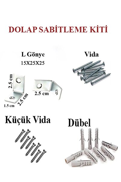 HMO Dizayn 5 Adet L Demir Dolap Sabitleme 15*25*25 Masa Gönye (5 ADET) Vida Dubel, Dolap Bağlantı Sabitleme