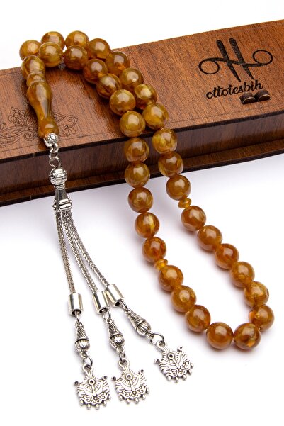 OTTOTESBİH Erkek Kutuda 10mm Yanık Bal Tonlarında Beyrut Damlası Toz Kehribar Tesbih