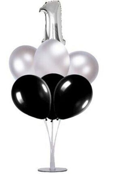 UĞUR AMBALAJ VE PARTİ MALZEMELERİ Black Silver 1 Year Old Balloon Stand - 1 Stand and 10 Metallic Balloons and 50 Cm Foil Balloons