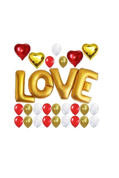 Happyland Valentine's Day Small Gold Love Foil Balloon 7White 7Red 7Gold Balloon 2 Gold Red Heart Foil