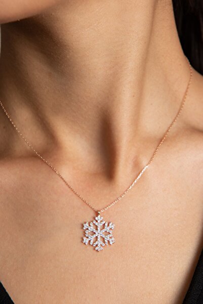 Elika Silver Kadın 14k Rose Altın Kaplama Zirkon Taşlı Kar Tanesi Kolye