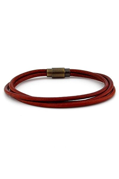 Solfera Men's Tan Genuine Leather 3 Row Bronze Clip Bracelet M004n