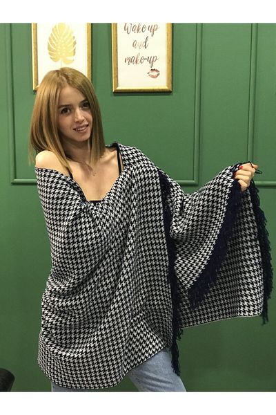 Ocean Navy Blue Gray Goose Feet Knitwear Shoulder Shawl