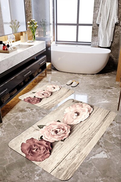 MEKTA HOME Set covorașe de baie din 2 piese cu motiv trandafir roz Mktbp-068 ...