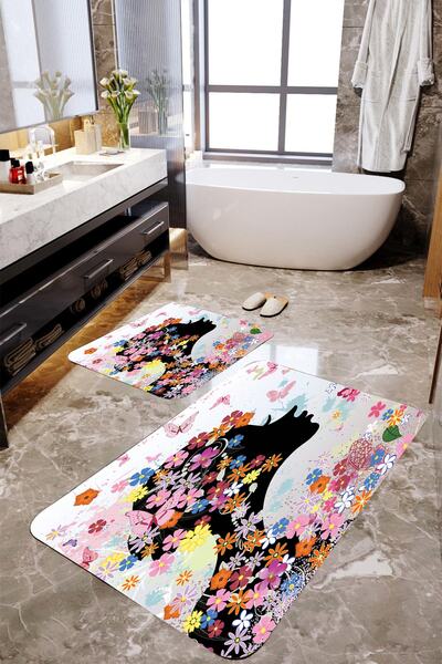 MEKTA HOME Set de 2 covorașe de baie cu model floral alb pentru fată - Mktbp-...
