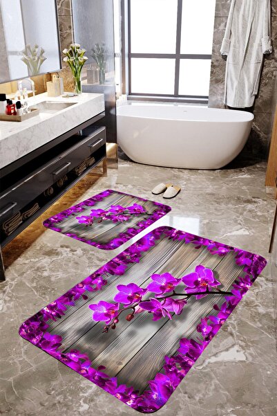 MEKTA HOME 3 Boyutlu Mor Menekşe Desenli 2'li Banyo Paspas Takımı Mktbp-022 6...
