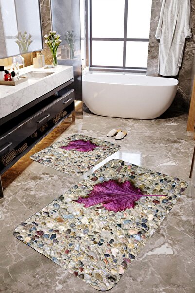 MEKTA HOME 3 Boyutlu Mor Çınar Yaprağı 2'li Banyo Paspas Takımı Mktbp-030 60x...