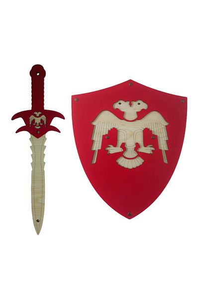 Ahtek Wooden Toy Gun Set of 2, Double Headed Seljuk Shield and Sword Red
