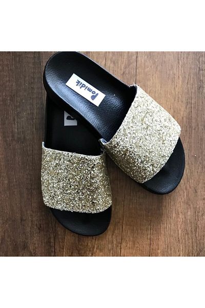 Pomidik Γυναικείες καλοκαιρινές παντόφλες Gold Glittery Shiny Single Strap