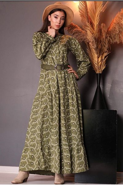 ButikEtiler Women's Green Embroidered Floral Print Patterned Long Sleeve Long Dress with Belt