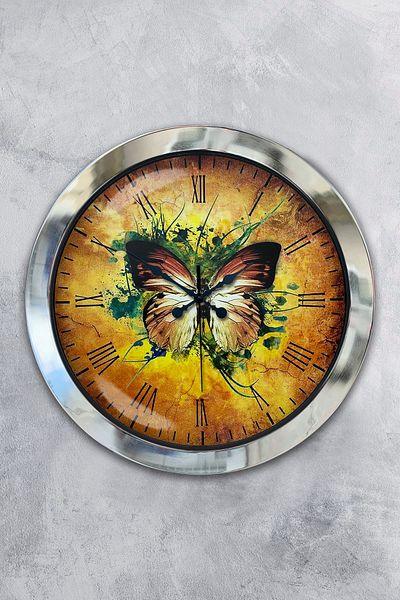 Kasva Concept Gift 36 cm Chrome Metal Butterfly Wall Clock