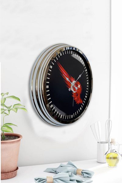 Kasva Concept Ceas de perete cu steag turcesc din metal cromat de 40 cm