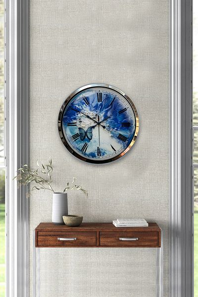 Kasva Concept Gift 40 cm Chrome Metal Butterfly Wall Clock